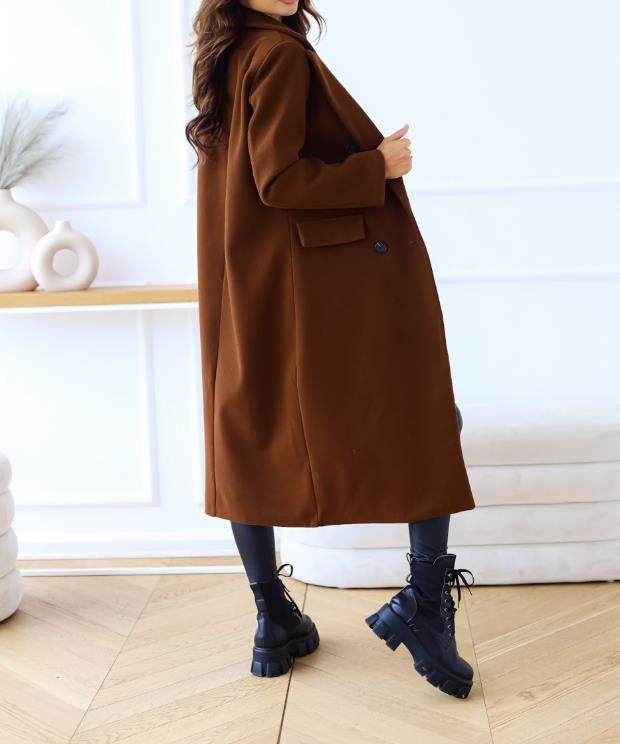 Cappotto lungo doppiopetto in lana - Classico trench britannico da donna con revers a lancia (S-3XL, cachi/marrone/nero/blu navy/blu reale)_voghion.com