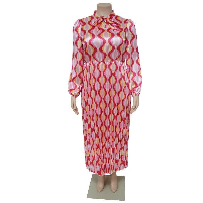 Women's Popular Color-laced Long-sleeved Printed Pleated Large Size Dress For Women_voghion.com