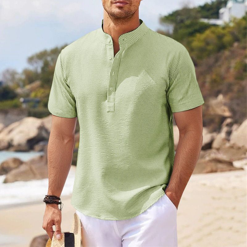 2025 Kurzarm-Stehkragen Button-Up Ananas-Check Herren Casual Shirt Top_voghion.com