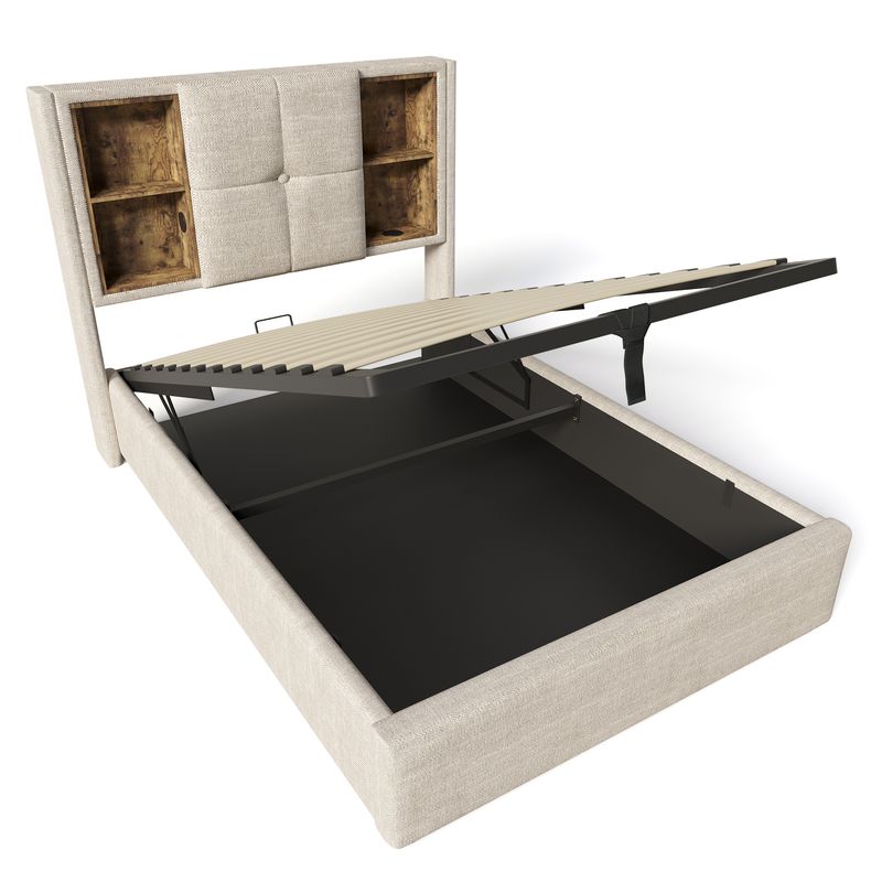 Lit simple avec recharge sans fil USB-C, cadre de lit rembourré avec rangement 90 x 200 cm, sommier à lattes en bois, tissu en lin naturel (avec matelas)_voghion.com