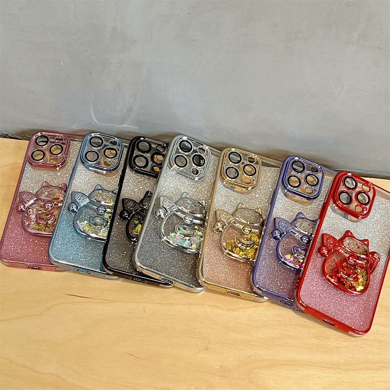Custodia per telefono Flowing Sand Electroplated Wealth Cat adatta per iPhone 11, 12, 13, 14, 15 Pro Max con pellicola per obiettivo integrata_voghion.com