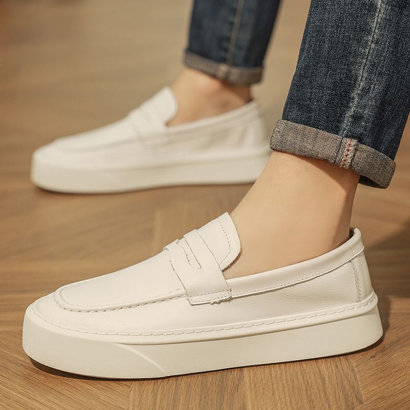 Mocassini casual traspiranti adatti a tutte le stagioni, primavera ed estate, punta tonda, slip-on, fatti a mano, in vera pelle, alla moda, in pelle bovina, monoblocco, da uomo._voghion.com