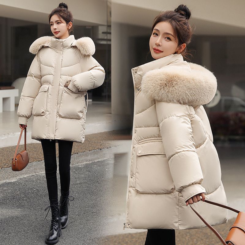 Damen-Winter-Puffermantel mit abnehmbarer Kapuze, langärmlig, mittellang, warme Jacke für lässige Outfits (Beige, Schwarz, Khaki, Rot, Orange)_voghion.com