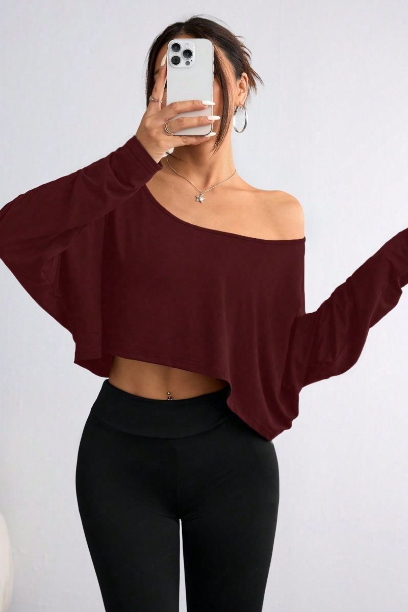 T-shirt à manches longues et col ample pour femme, style décontracté, avec nombril exposé_voghion.com
