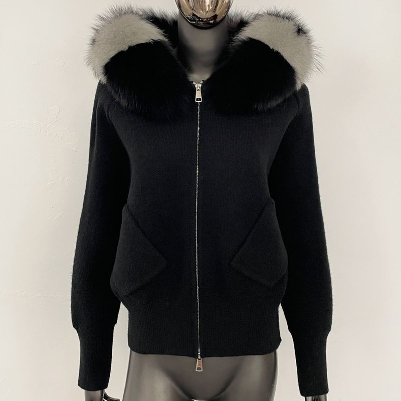 Luxuriöse Strickjacke mit Kapuze und Fuchspelzbesatz – Weicher Strickpullover aus Schaf-Kaschmir-Mischgewebe für Damen, eleganter, locker sitzender Freizeitpullover_voghion.com