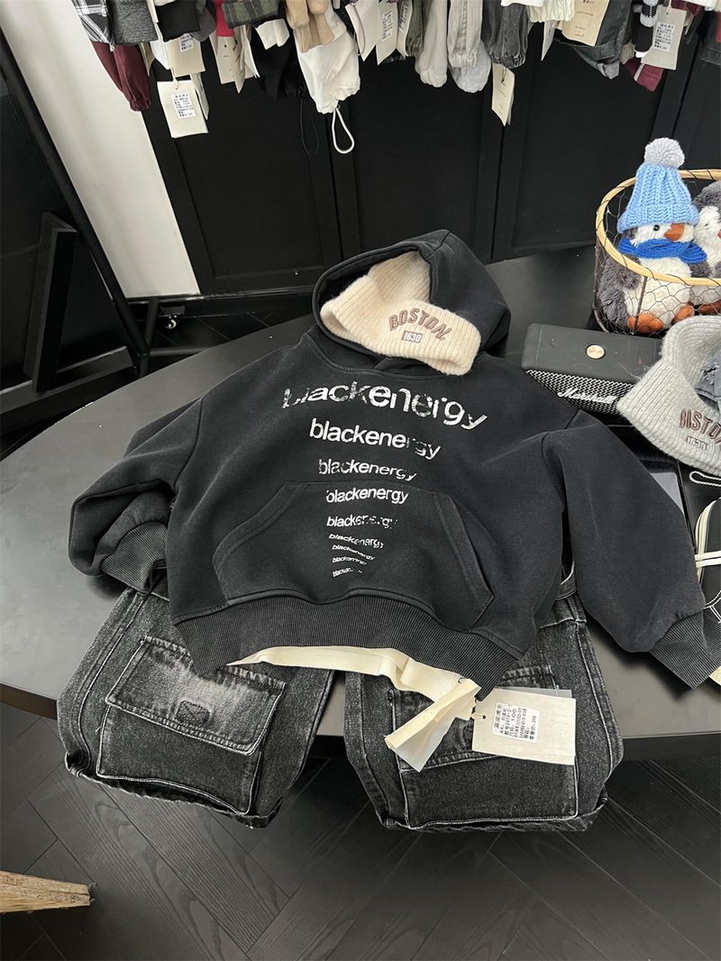 Boys And Girls American Vintage Letter Hooded Sweatshirt, Children's Trendy Cool Autumn Style Sand Washed White Pullover_voghion.com