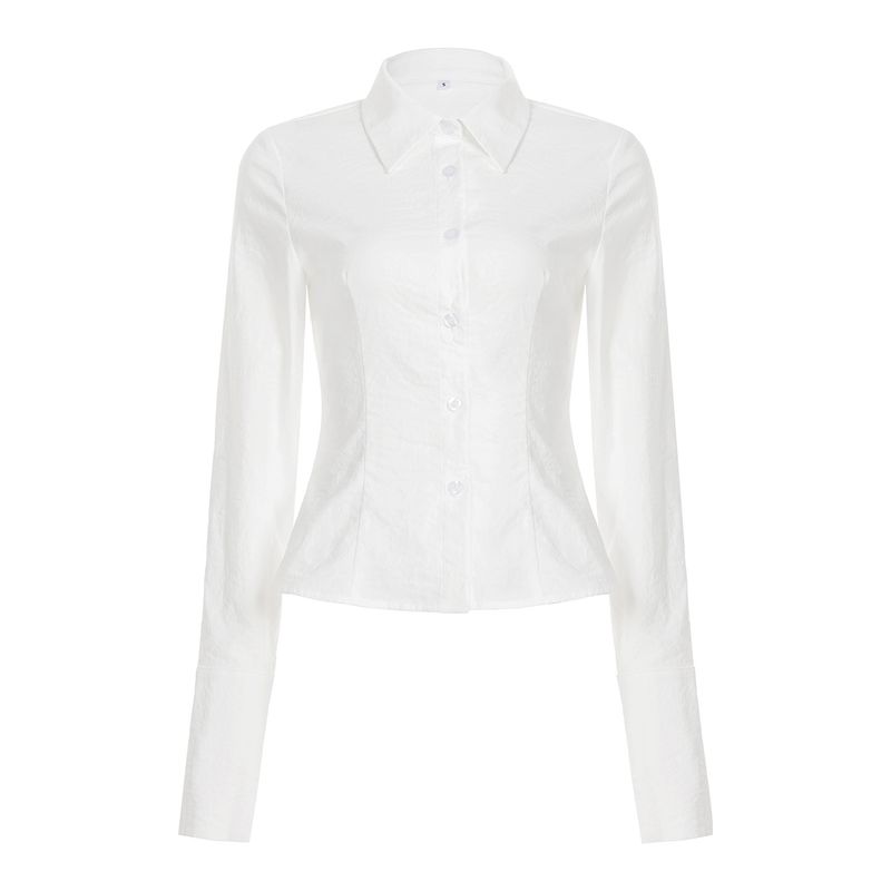 Slim Fit Long Sleeve Button-Down Shirt For Women – Minimalist Office Wear, Solid Color, Breathable Polyester, Classic Collar & Tailored Design_voghion.com