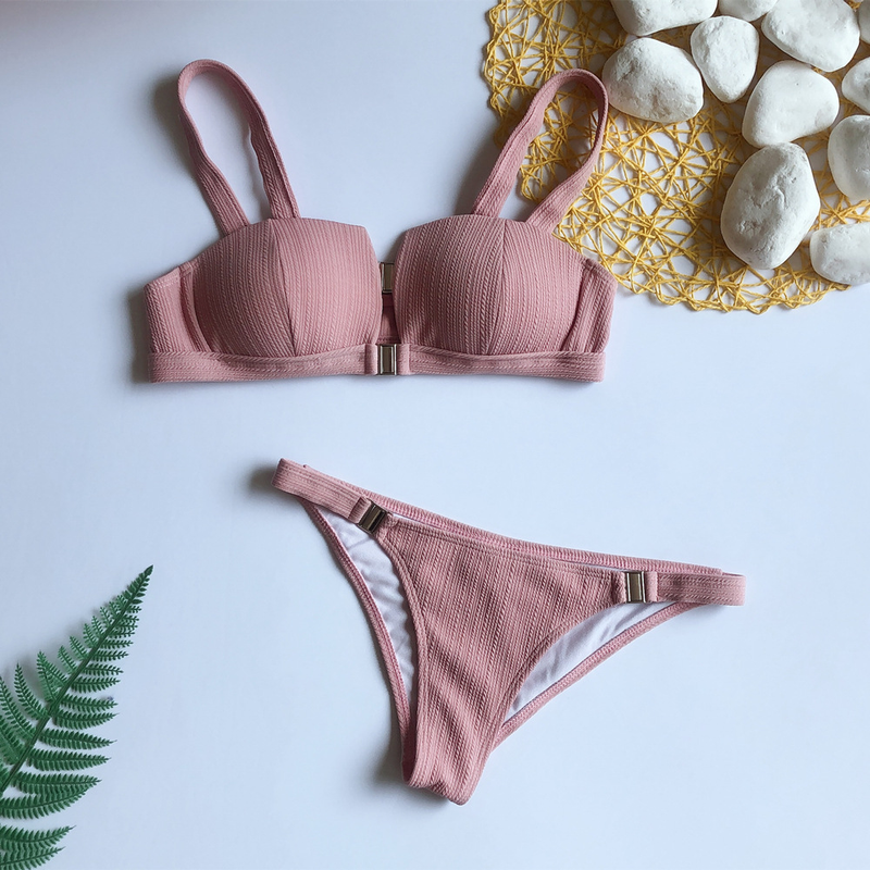 solid color bikini split women's swimsuit metal buckle swimsuit push-up foreign trade bikini_voghion.com