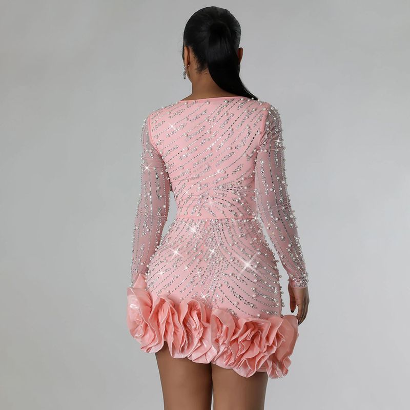 Women's Clothing Fashion Heavy Duty Hot Diamond Beading Ruffle Stitching Sexy Tight Hip Dress_voghion.com