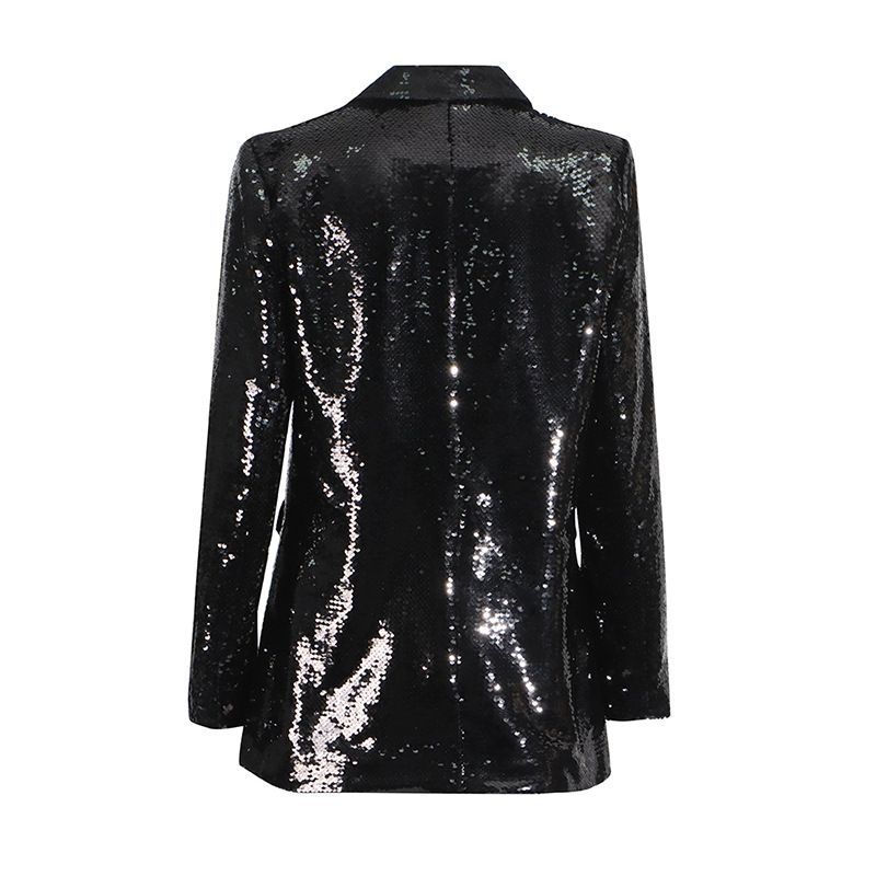 Abbigliamento da donna, design alla moda, piccolo abito con paillettes, elegante blazer con paillettes per donna - giacca da ufficio slim fit con scollo a V e design che stringe la vita_voghion.com