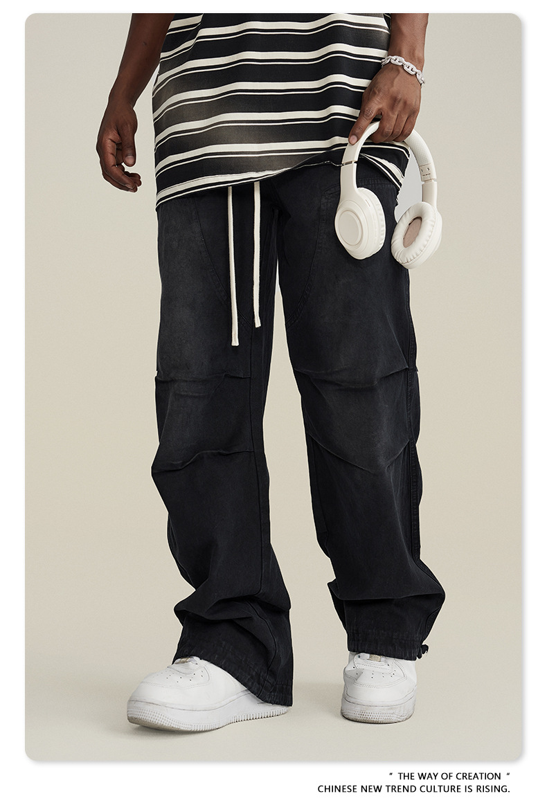 Man's clothing Washed change drawstring bunched feet woven lumber overalls men's fashion brand_voghion.com