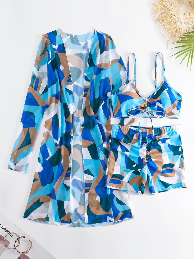 kvinders delt tredelt sæt højtaljet langærmet bluse internet berømthed snøre outfit_voghion.com