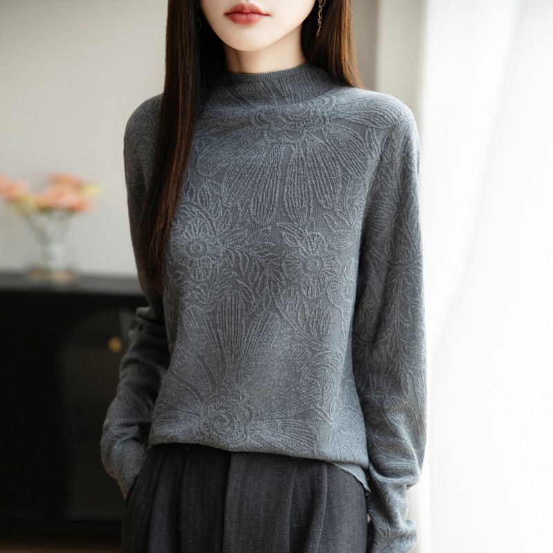 Elegante maglione corto in misto lana, da donna, in maglia, con collo alto, in jacquard, per autunno e inverno_voghion.com