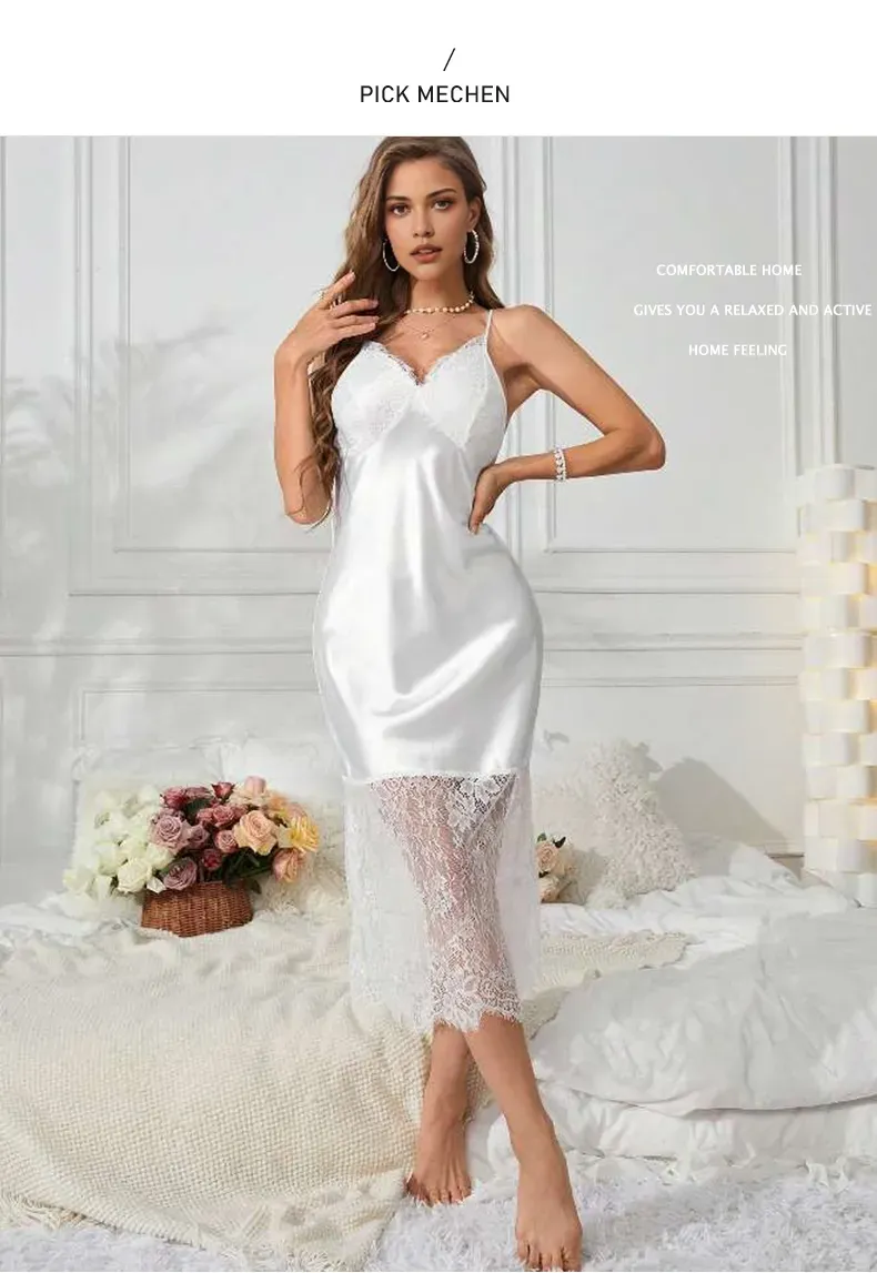 2025 Spring/Summer New Silk Color Dungarees Women's Sexy Lace Patchwork Strapless Nightgown Homewear_voghion.com