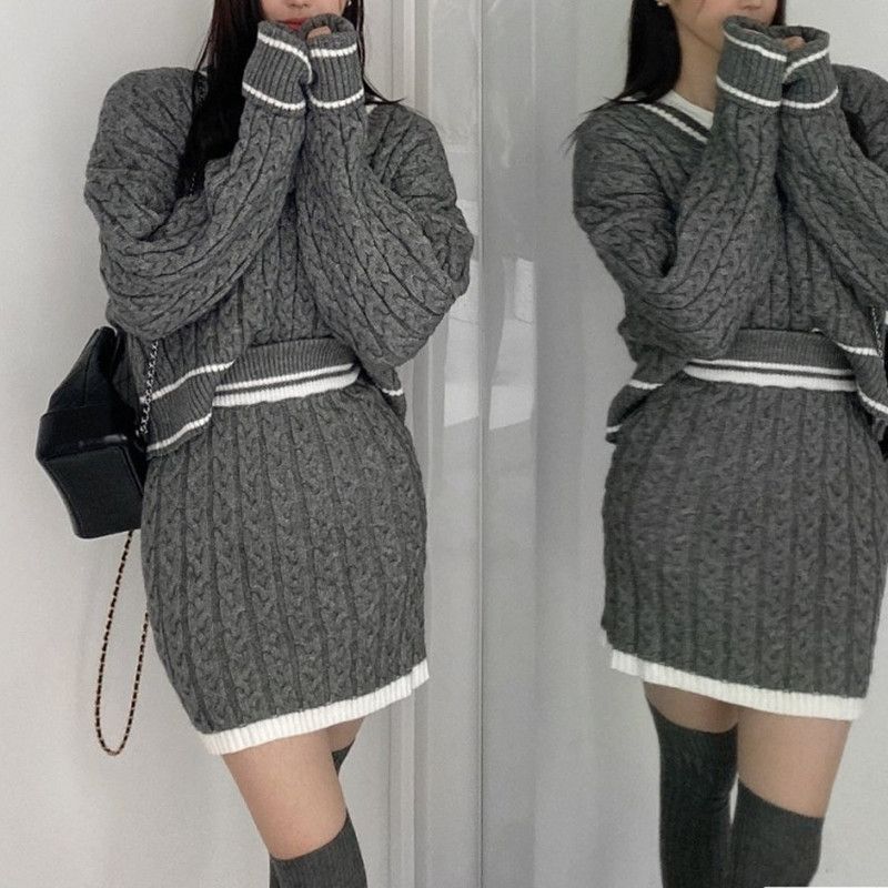 Retro V-Neck Cable Knit Sweater & High-Waist Pencil Skirt Set (One Size, 6 Trendy Colors)_voghion.com