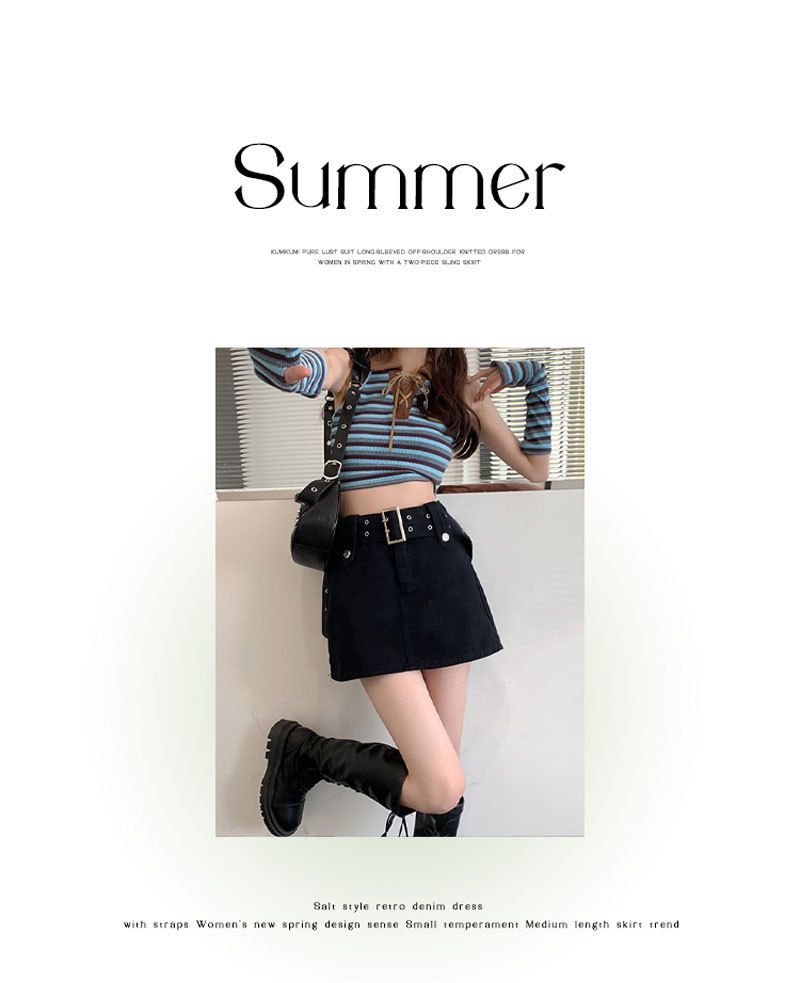 Spicy Girl Instagram Halbkörper-Denim im amerikanischen Stil für Damen, schwarzes modisches Blendschutz-Design, A-Linien-Wickel-Gesäß_voghion.com