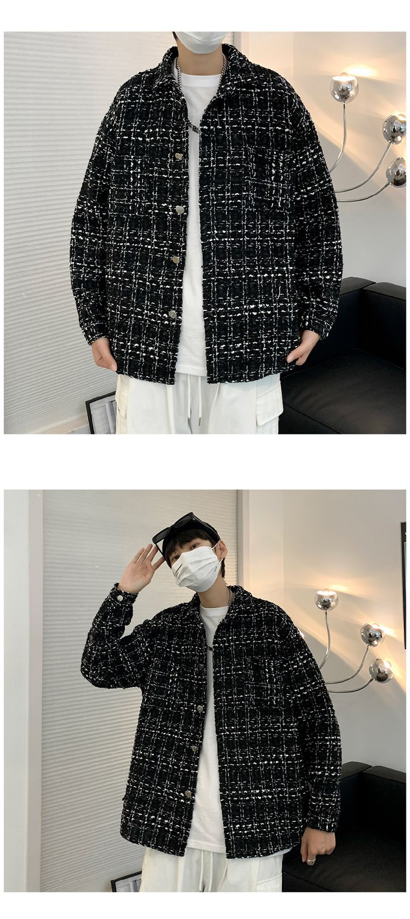 Pi Shuai Mantel Herren INS Trendy Plaid Strickoberteil Frühling und Herbst Koreanische lockere Freizeitarbeitsjacke_voghion.com