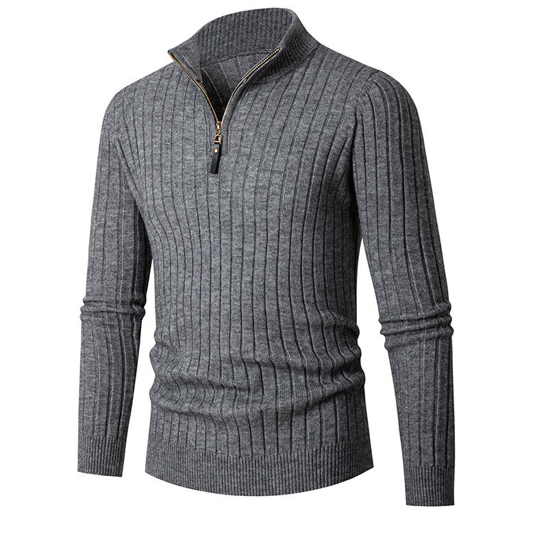 herfst en winter nieuwe stijl herensweater met lange mouwen, verticale strepen, halfhoge kraag, ritssluiting en dieptepunt, herensweater_voghion.com