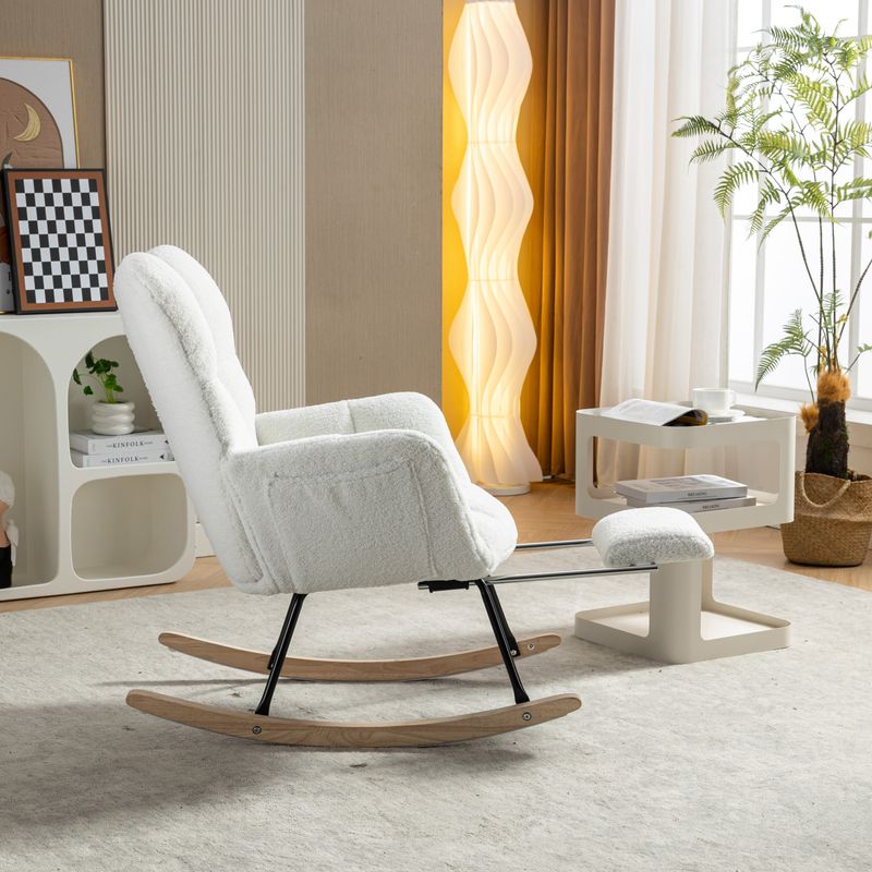 009B Fauteuil à bascule rembourré en tissu tissé Teddy blanc avec pouf dissimulé_voghion.com