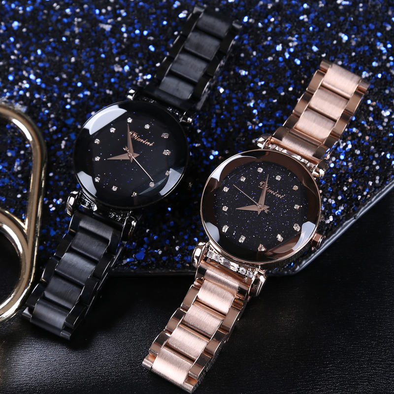 Demini Starry Sky Plate con cinturino in acciaio con diamanti Orologio da donna alla moda con doppio pulsante in oro rosa e viola_voghion.com