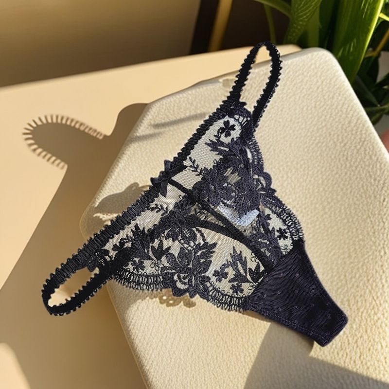 New Eyelash Lace Panties Women's Low Waist Women's Thong Tulle Cotton Crotch T Pants Panties Embroidery_voghion.com