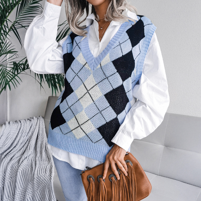 Vêtements pour femmes automne et hiver style collégial losange col en v décontracté gilet tricoté ample pull vêtements pour femmes_voghion.com