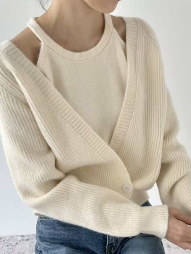 Lazy Knit Cardigan Set Damen Zweiteiliger V-Ausschnitt Langarm Pullover mit offener Vorderseite und Trägerweste_voghion.com