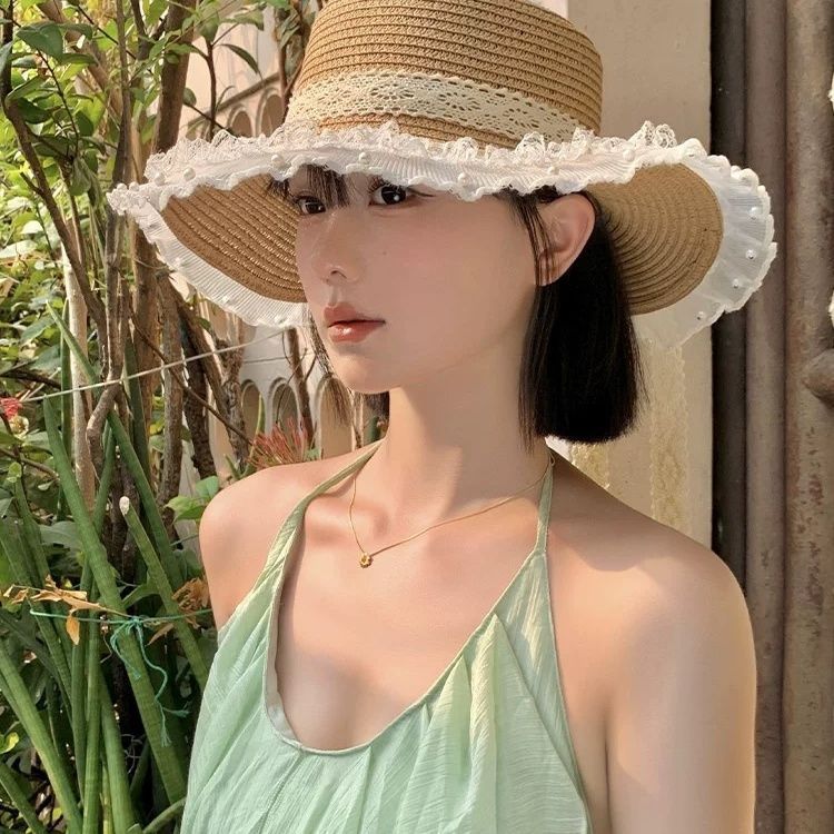 Beach Sun Hat Summer Hat Lace Straw Hat Seaside Shade French Sunscreen Straw Sun Hat Brim_voghion.com