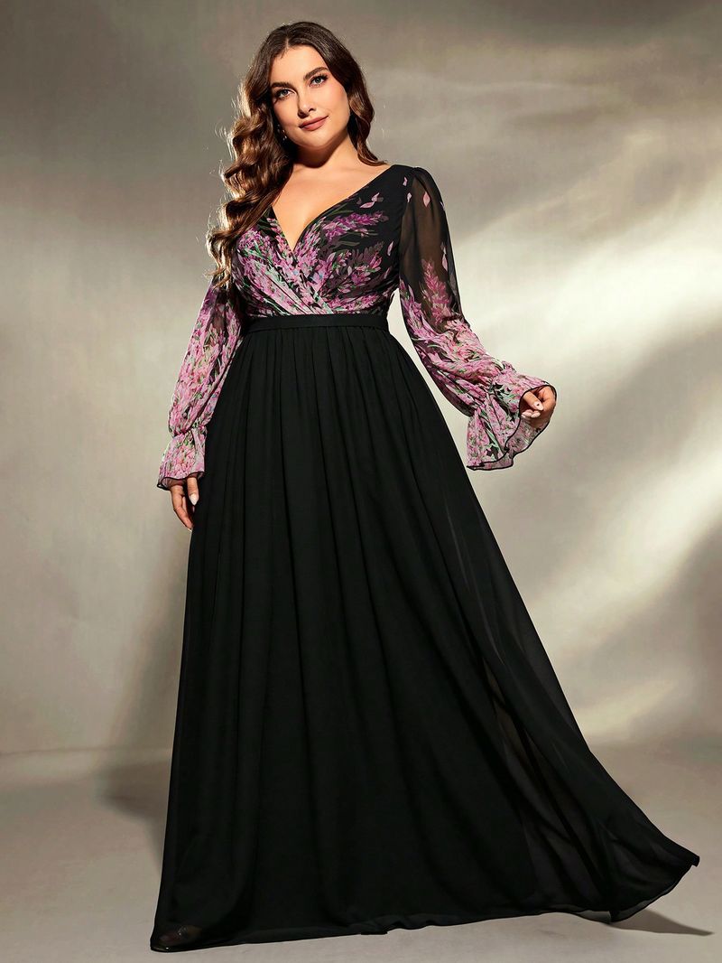 Elegante V-hals plus-size lange mouwen feestjurk voor vrouwen - A-lijn formele jurk met flatterende pasvorm voor verjaardagen en speciale gelegenheden_voghion.com