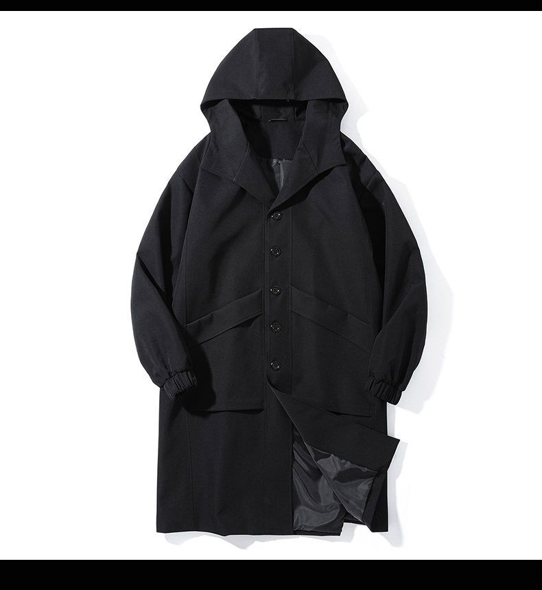 Trench lungo da uomo con cappuccio, monopetto, giacca a vento casual per l'autunno (nero, cachi)_voghion.com