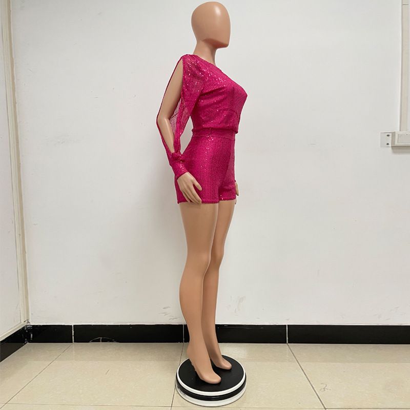 Damkläder jumpsuit mode smal långärmad slits paljettjumpsuit_voghion.com