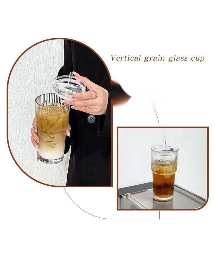 Tazza per acqua in vetro a righe verticali con coperchio e cannuccia, grande capacità, per bevande fredde di alta qualità e succo di caffè_voghion.com