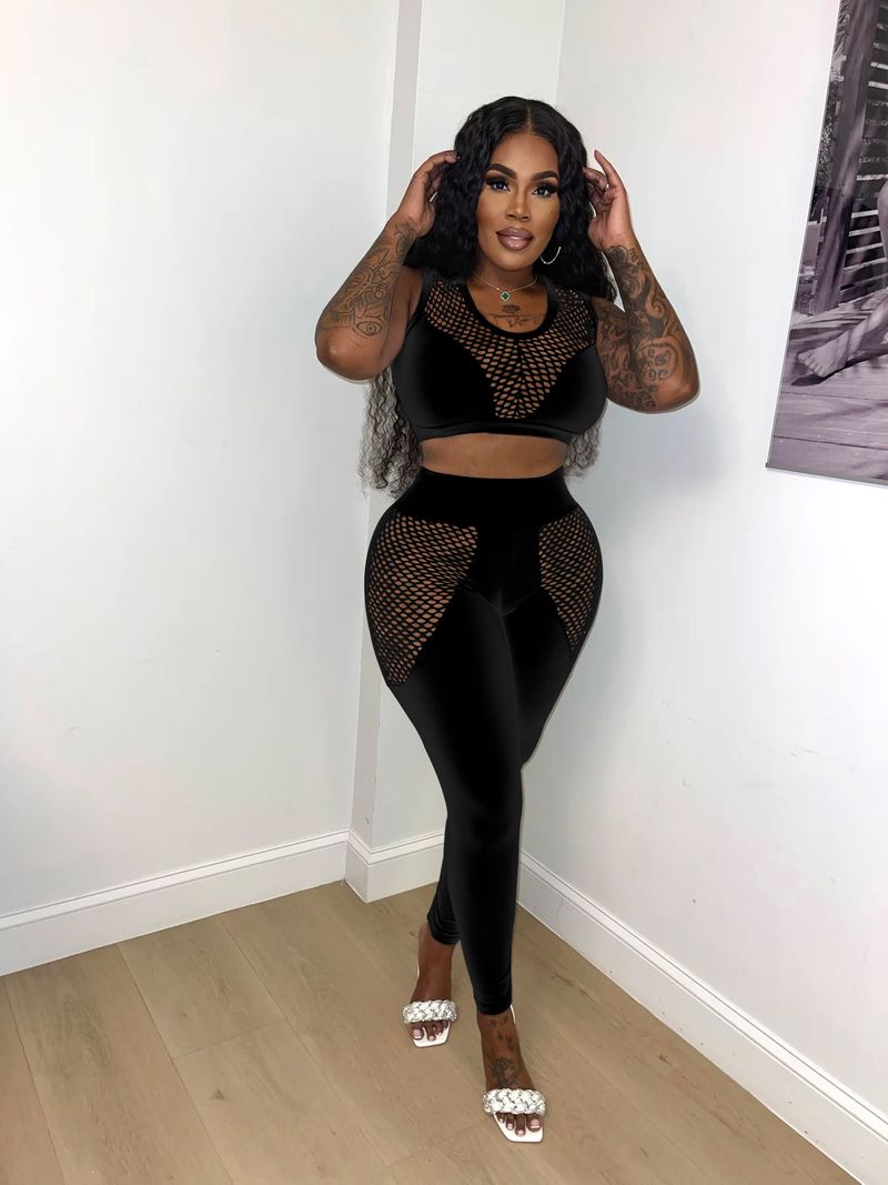 Women'S hollow mesh see-through sexy suit mesh patchwork vest and trousers two-piece set for women_voghion.com