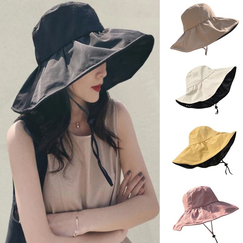 Cappelli alla moda sottili con protezione solare per le donne, cappello da pescatore estivo coreano con tesa larga e parasole in gomma nera_voghion.com