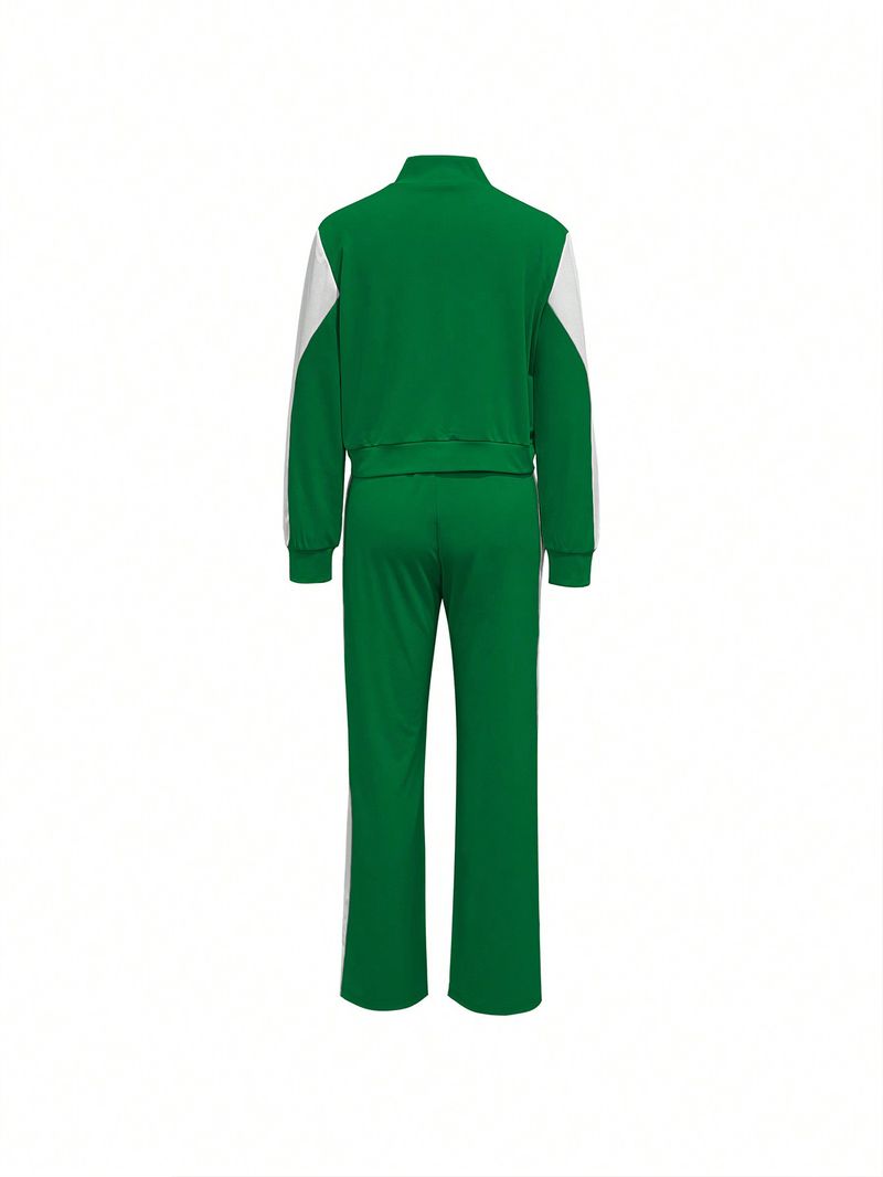 Spring Autumn Women's Fashionable Comfortable Color-Block Sports Style Zipper Jacket And Casual Long Pants Two-Piece Set_voghion.com