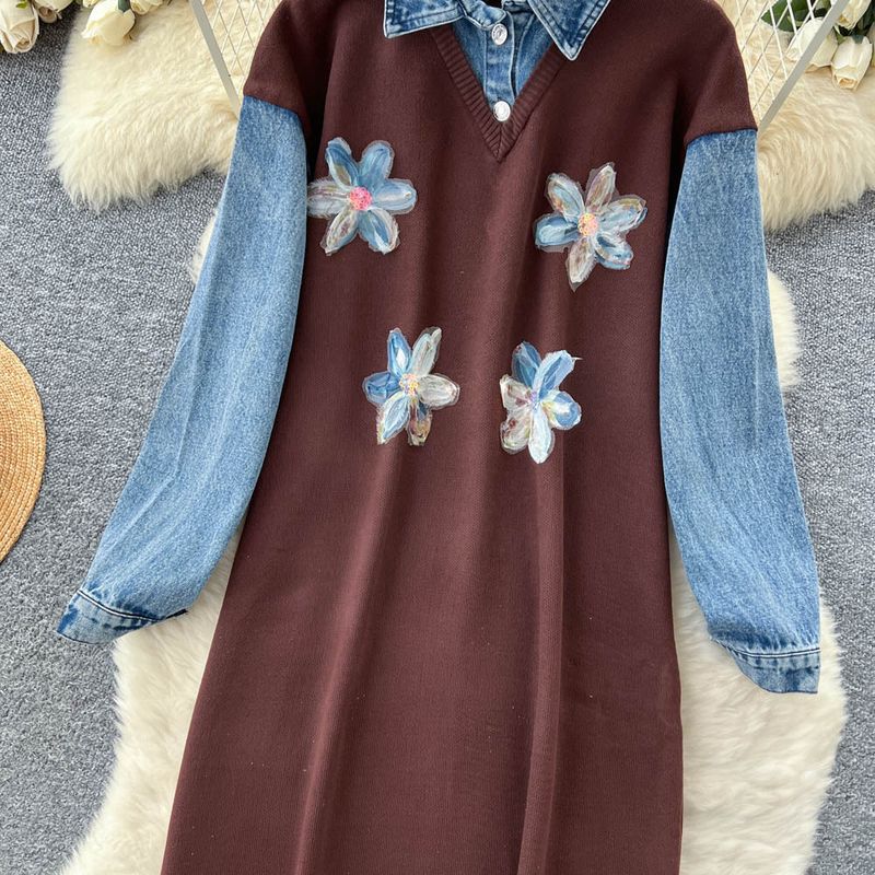 Elegant Boho Floral Embroidered Denim Knit Dress - Oversized A-Line Tunic With High Waist & Long Sleeves For Women_voghion.com
