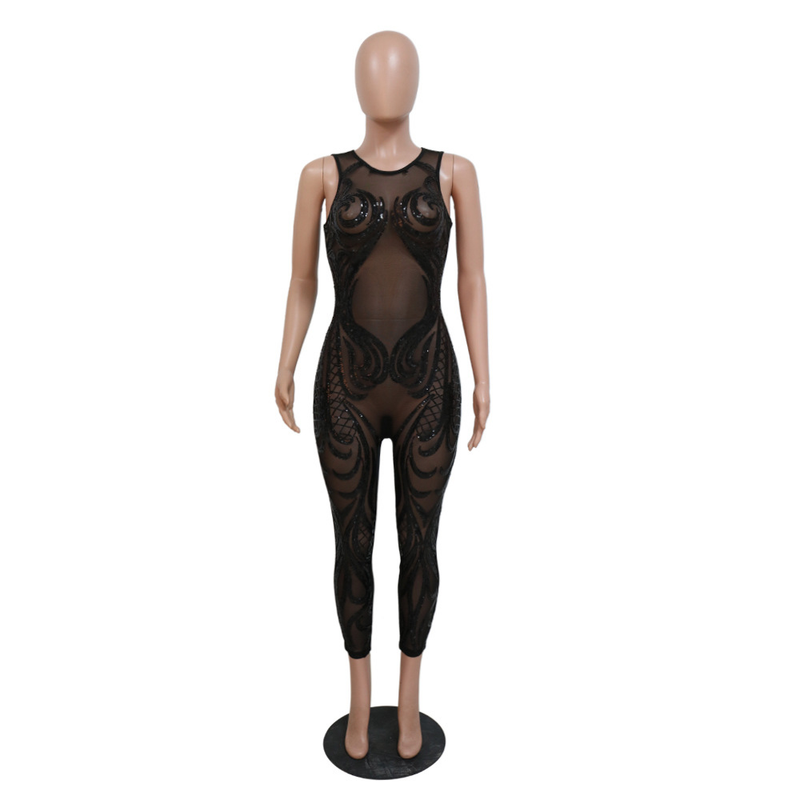 Sexy sleeveless round neck see-through jumpsuit, polyester mesh spliced sequin style, slim trousers_voghion.com