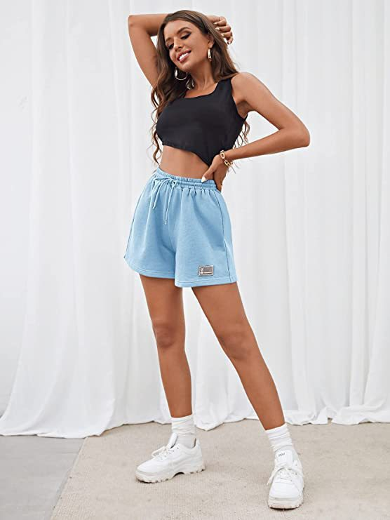 Abbigliamento da donna Pantaloncini larghi casual legati in maglia sportiva in tinta unita_voghion.com