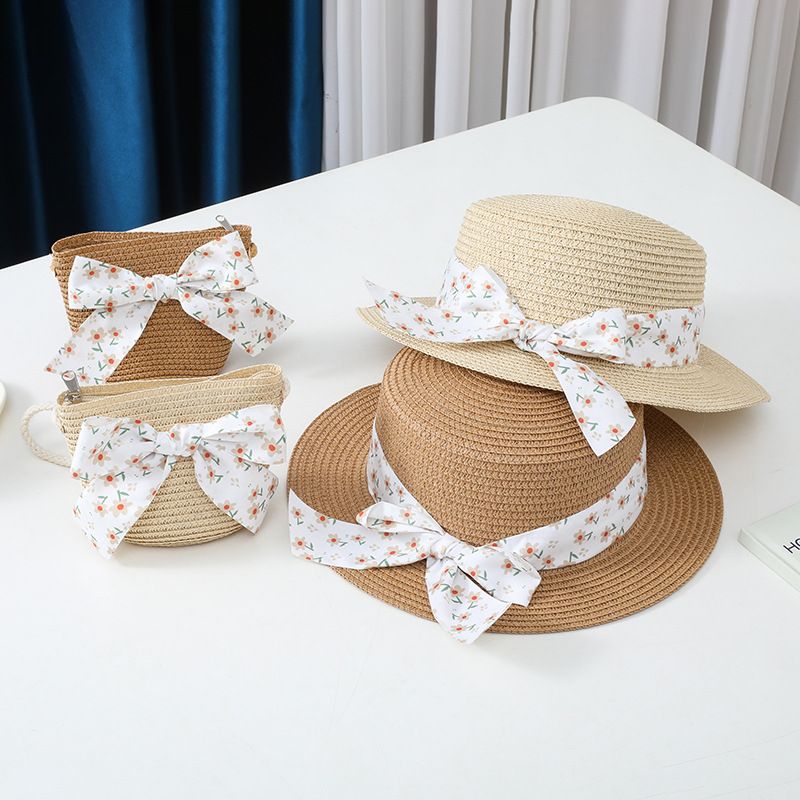 Cappello da pescatore con fiocco in paglia, protezione solare estiva per genitori e figli, con parasole piatto per bambini, set di borse, alla moda_voghion.com
