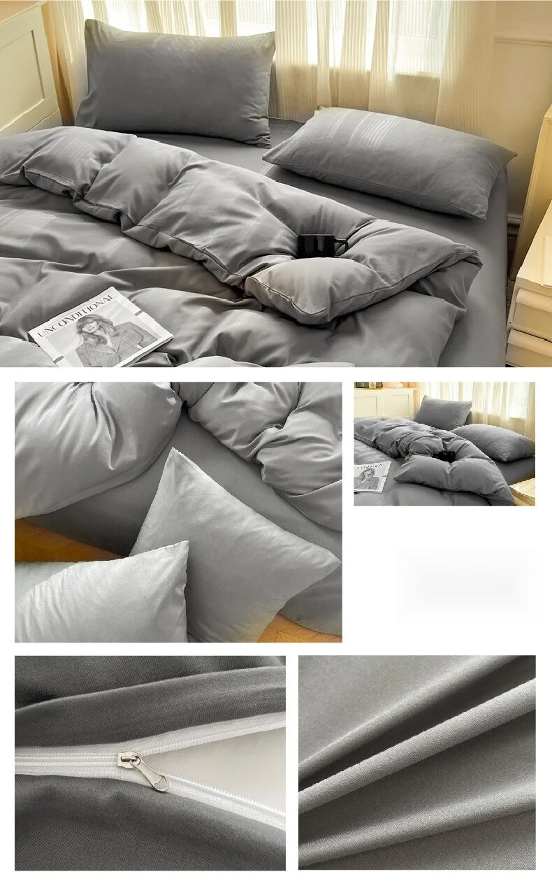 Juego de cuatro piezas de color sólido, funda nórdica cepillada lavada simple, ropa de cama de primavera para dormitorio de estudiantes de estilo moderno_voghion.com