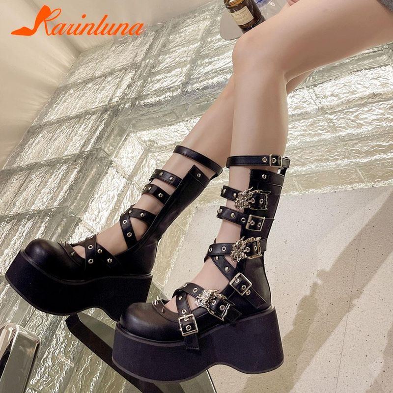 Punk Gothic Style Platform Mary Jean Shoes New Fashion Brand 2023 Spring Summer Round Toe Buckle-Sandals Boot Party Role-Play_voghion.com