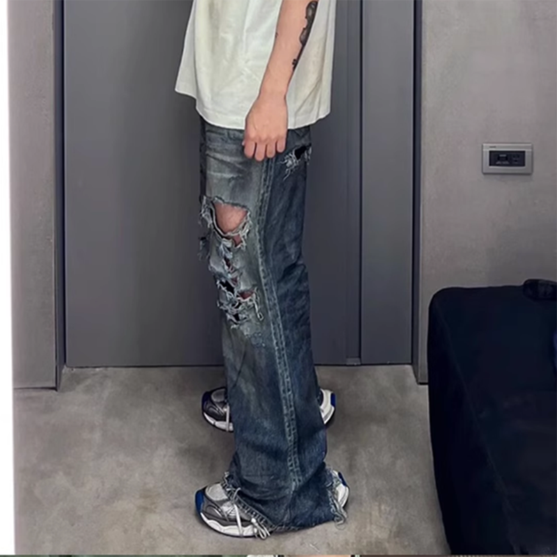 Ausgefranste, Beschädigte Loch-Baggy-Jeans Mit Weitem Bein Für Männer Und Frauen, Streetwear, Lässige Ropa Hombre-Denim-Hose, Übergroße Cargohose_voghion.com