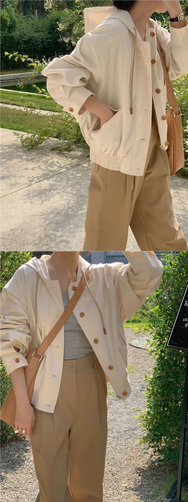 Ruhiger koreanischer Herbst-Trenchcoat im neuen Design: Einreihiger Arbeitsmantel mit Kapuze, Taschen und neuem Taschenmuster für Damen_voghion.com