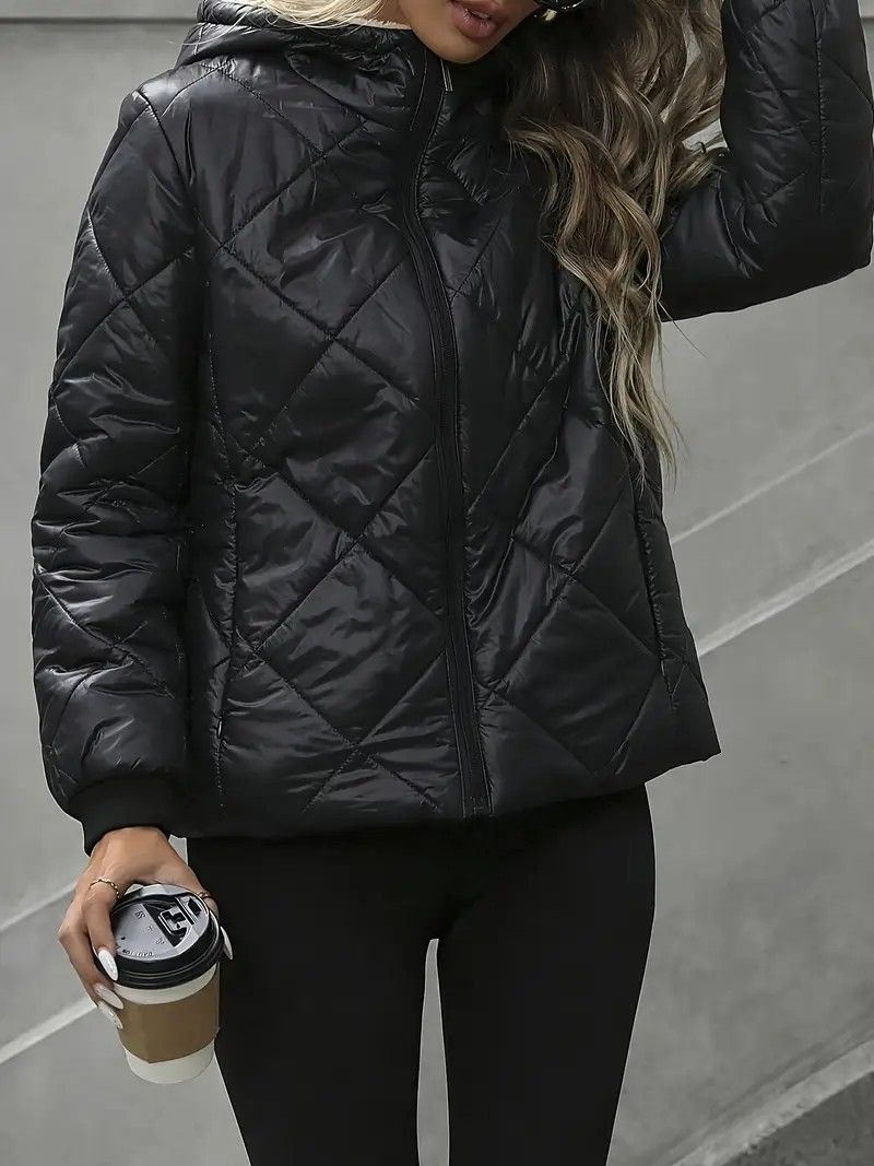 Trendy gewatteerd gewatteerd jack met diamantmotief – korte, oversized pasvorm, capuchonjas met rits voor dames (S-XL, zwart, streetwear en casual stijl)_voghion.com