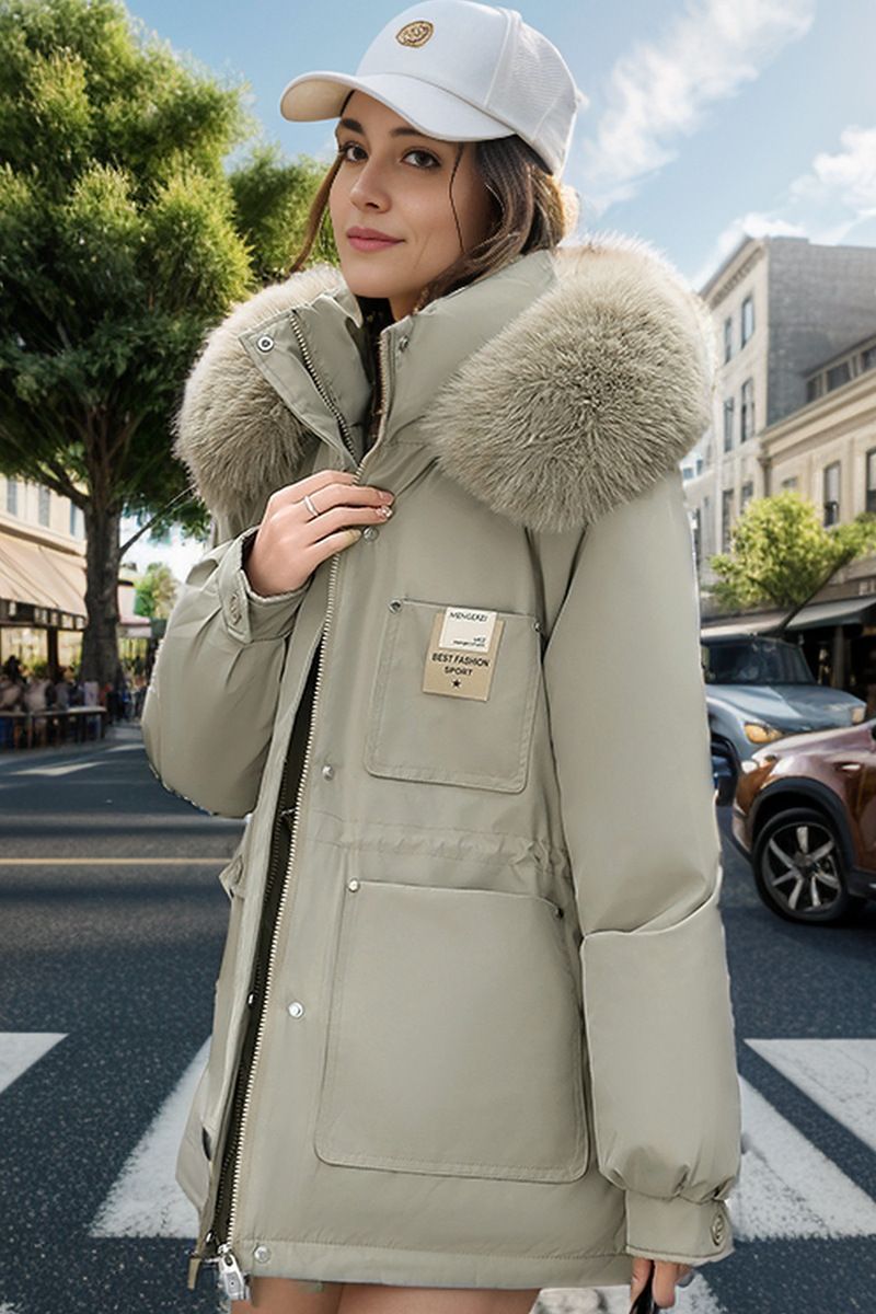 Dammekleeder Parka Damen Taille Ofschlankend Kapuzen groussen Pelzkragen plus Samt Kottengjacke Kottengmantel_voghion.com