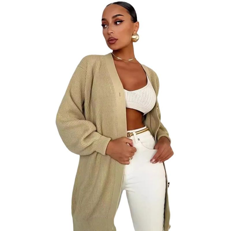 Mittellange bis lange Pulloverjacke für Damen, einfarbig, lässig, vielseitig, locker, V-Ausschnitt, Frühherbst-Strickjacke für Damen_voghion.com