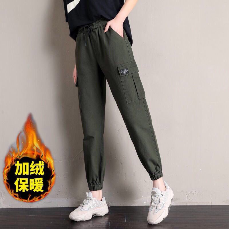 Women's Cargo 2023 Spring And New High Waist Casual Jogger Nine Points Fleece Lined Thickened Sports Harem Pants Autumn_voghion.com