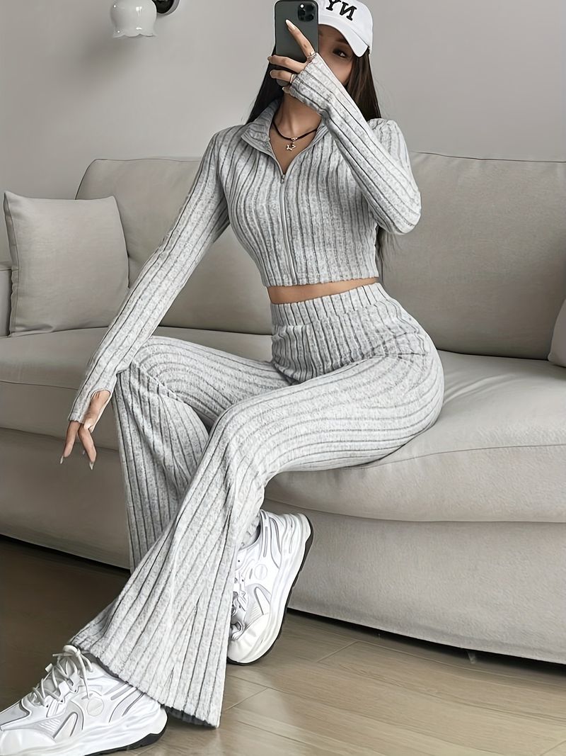 Fashion Solid Color Ribbed Two Piece Set Zipper Long Sleeve Crop Top And High Waist Flared Pants Set Women's Casual_voghion.com