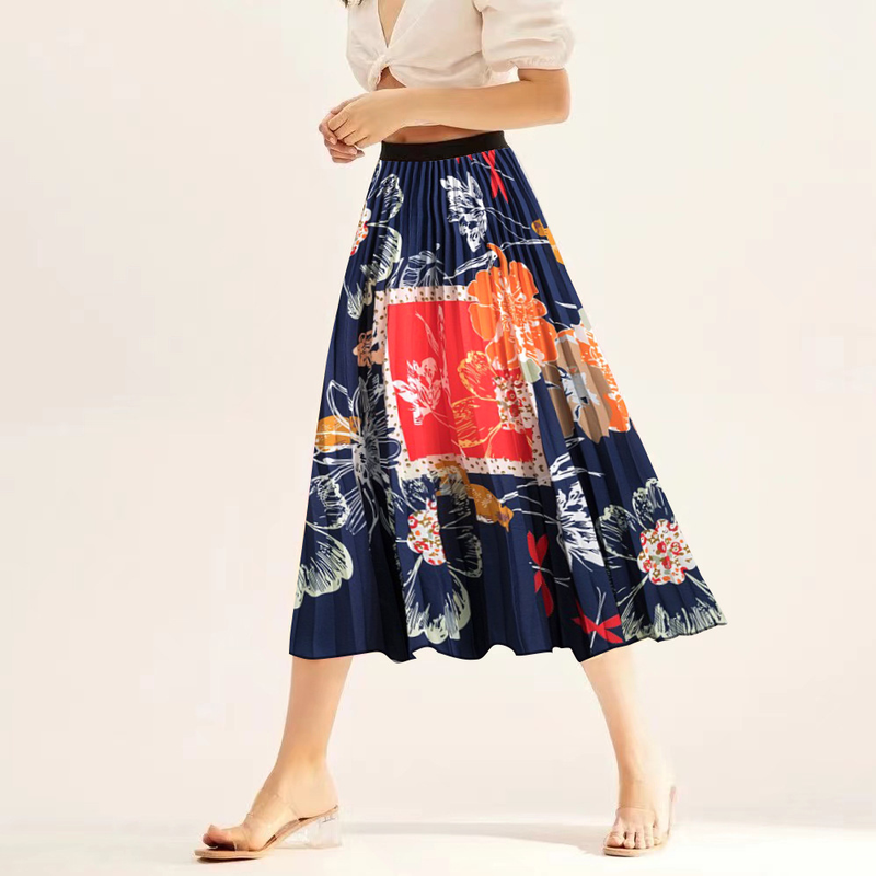 Gonna da donna a pieghe di media lunghezza con stampa digitale, moda casual, versatile, elastica in vita_voghion.com