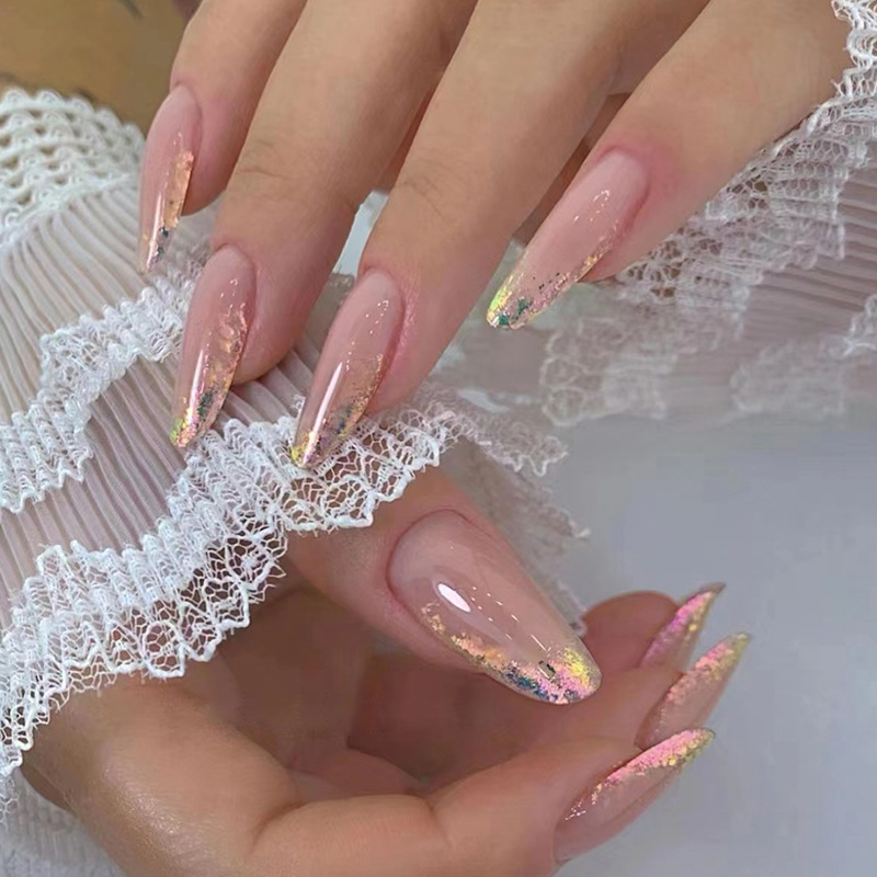 Simple 24Pcs Glitter Pink False with Jelly Glue Round Head Almond Fake Manicure Wearable Full Cover Press on_voghion.com